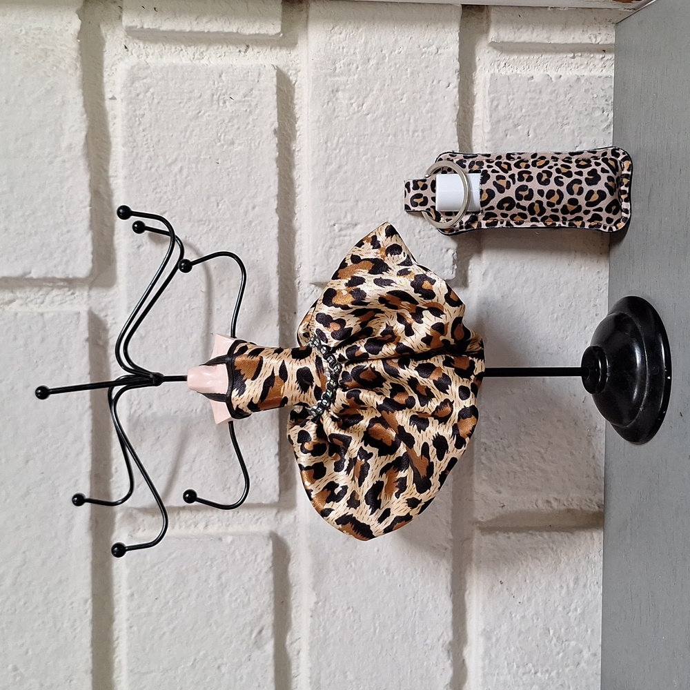 Leopard Print Dress Jewelry Holder & Leopard Lipstick/chapstick Keychain Holder.